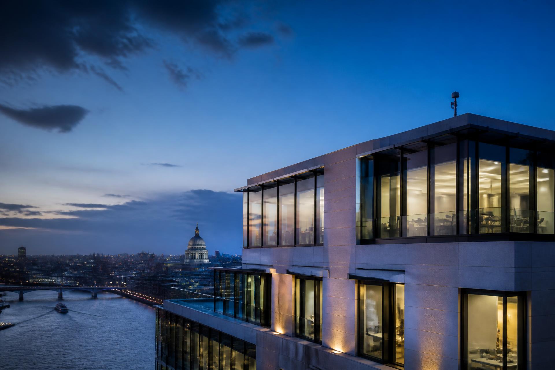 Contemporary London commercial building with environmental monitoring intelligence