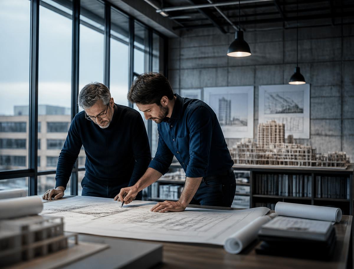 Engineers reviewing technical building drawings in a design studio