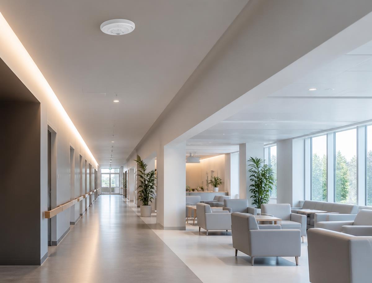 Calm, modern hospital interior corridor