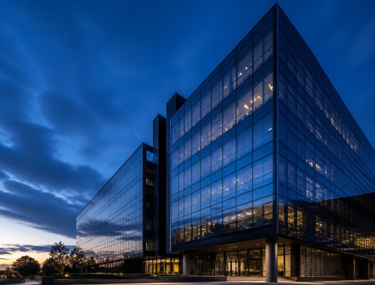 Modern commercial office tower at dusk
